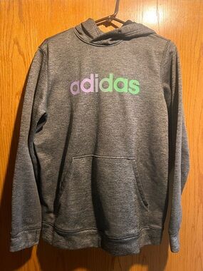 adidas women’s  Gray Crewneck Hoodie with Purple-to-Green Logo